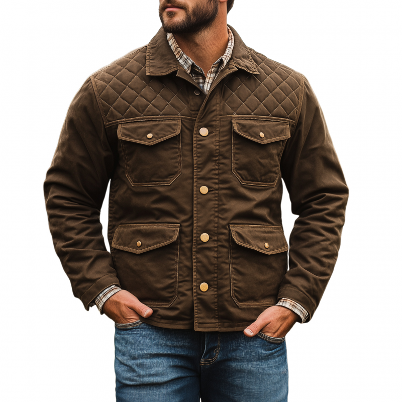Men's Vintage Solid Color Cotton Washed Distressed Lapel Single-breasted Multi-pocket Loose Work Jacket MTA1861H3M