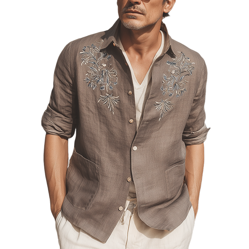 Men's Classic Retro Exquisite Chest Embroidery Cotton And Linen Lapel Patch Pocket Thin Jacket MTA1605G4K
