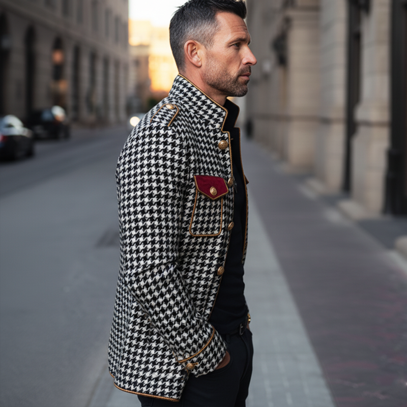 Men's Classic Stand-collar Houndstooth Faux Wool Slim-fit Jacket MTA3043K2U