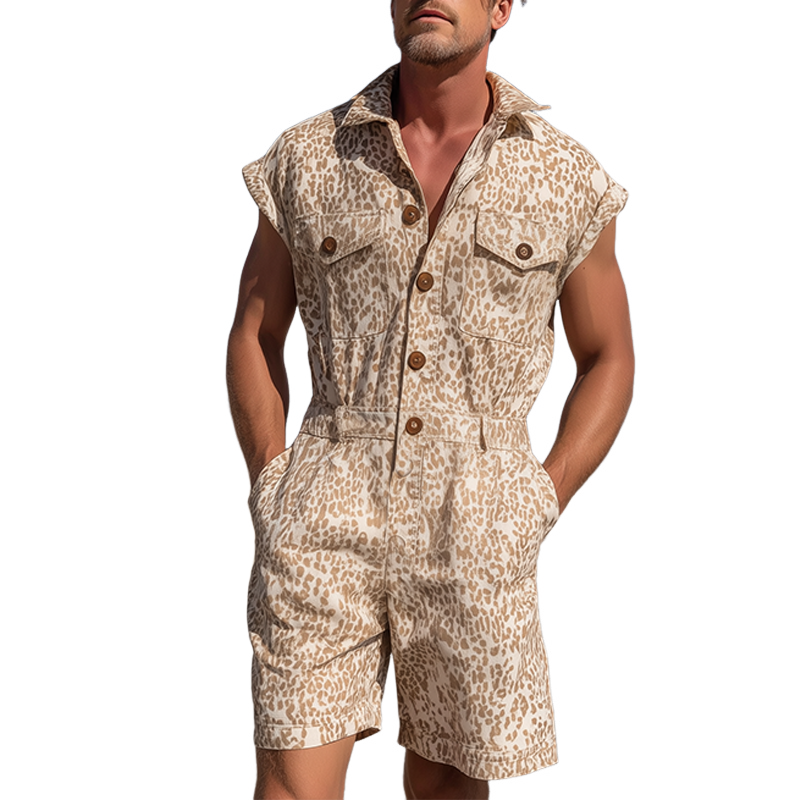 Men's Spring And Summer Fashion Casual Cotton Blended Printed Multi-Pocket Shirt-Style Jumpsuit MTA1046G3K
