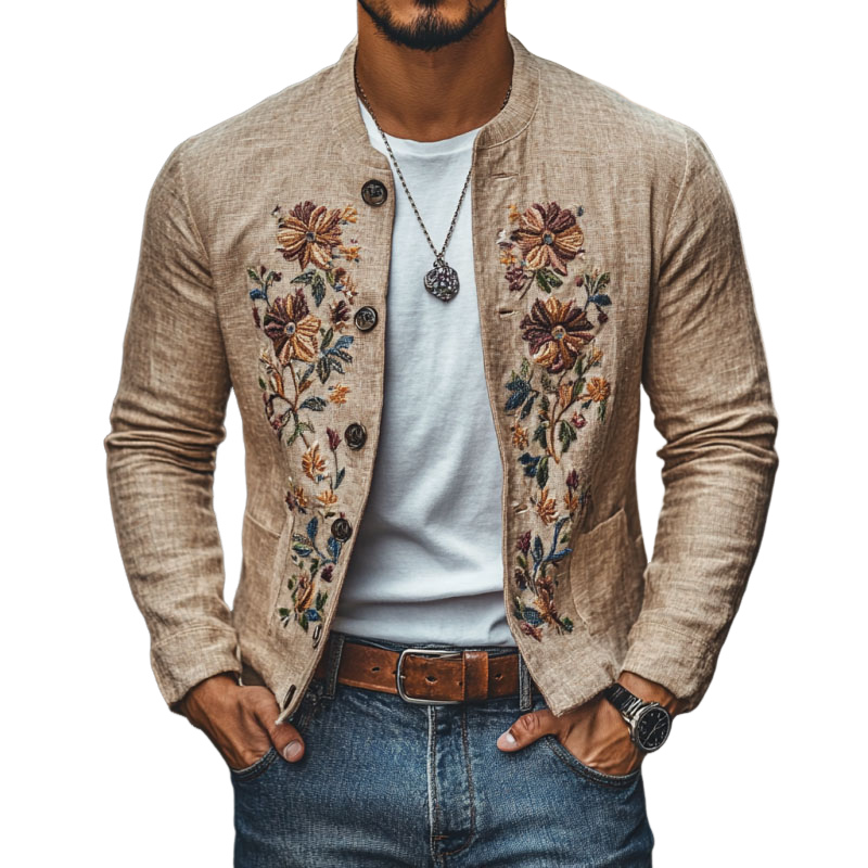 Men's Casual Linen Embroidered Stand Collar Single Breasted Slim Fit Jacket 48687422M