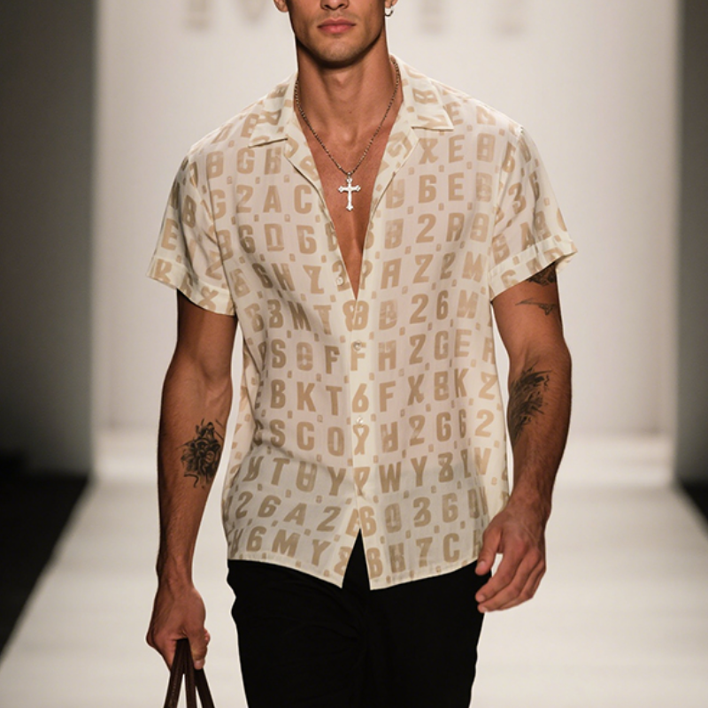 Men's Retro Casual Letter Mesh Printed Lapel Short Sleeve Shirt MTA2949E0TO
