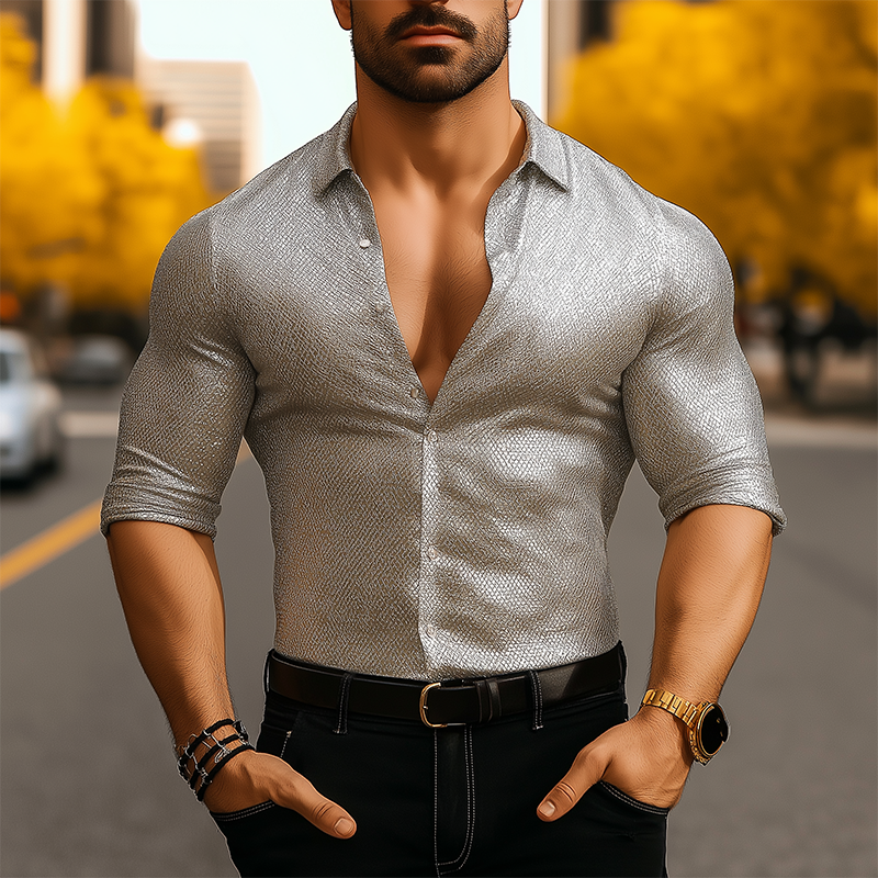 Men's Summer Fashion Textured Fabric Long Sleeve Shirt MTA0536F9P