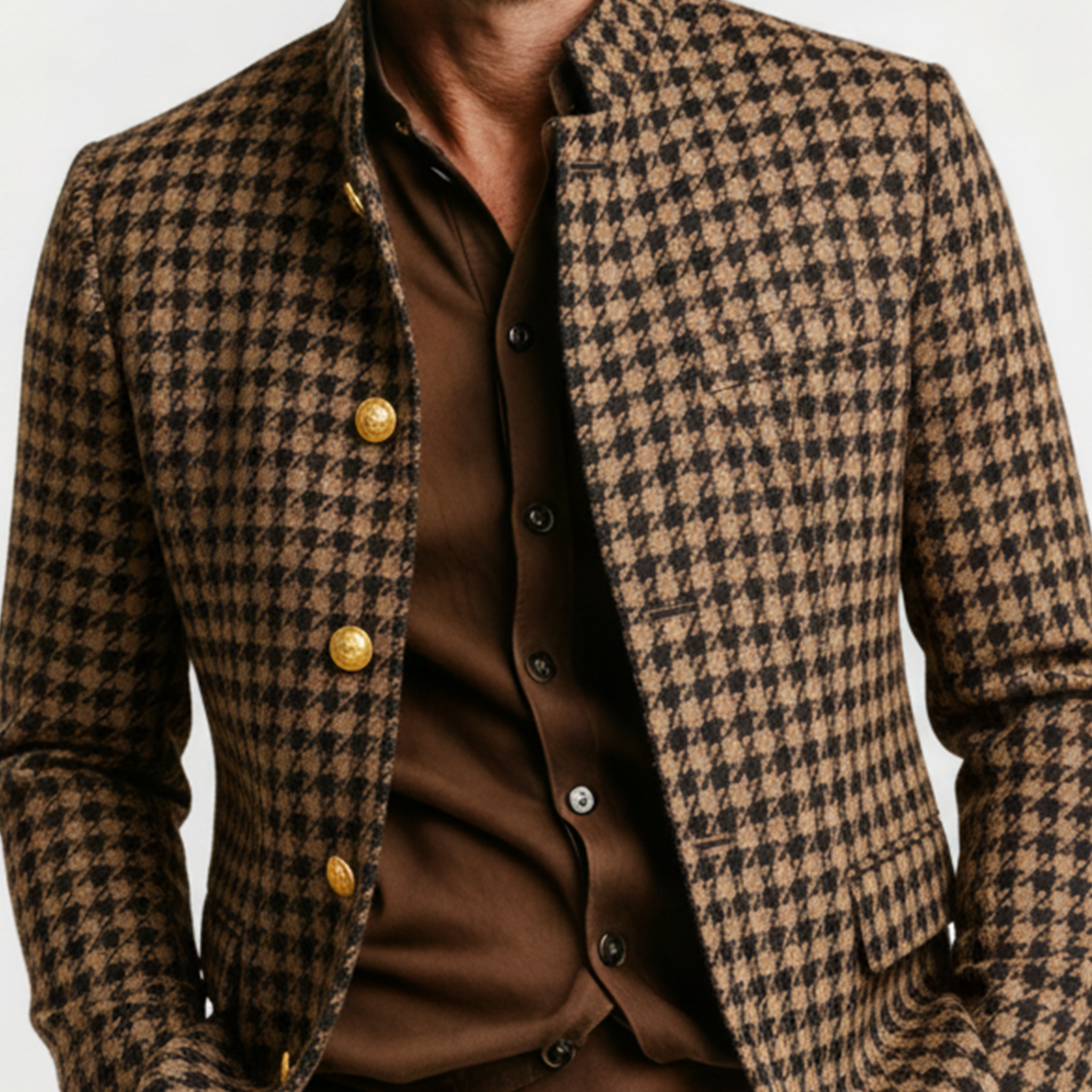 Men's Classic Retro Stand-up Collar Houndstooth Wool Jacket MTA2807K3K