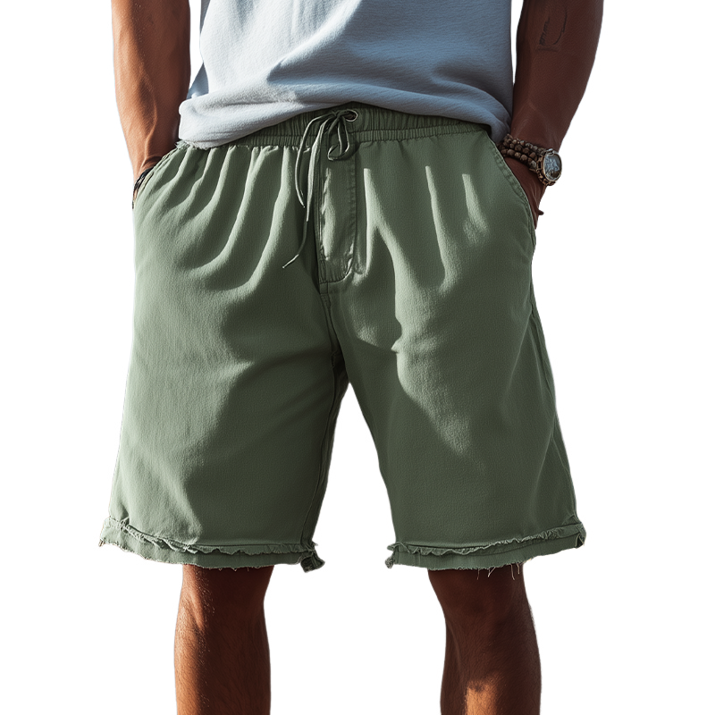 Men's Classic Casual Cotton Blend Washed Trousers With Raw Edges And Elastic Waist Shorts MTA1506G5K