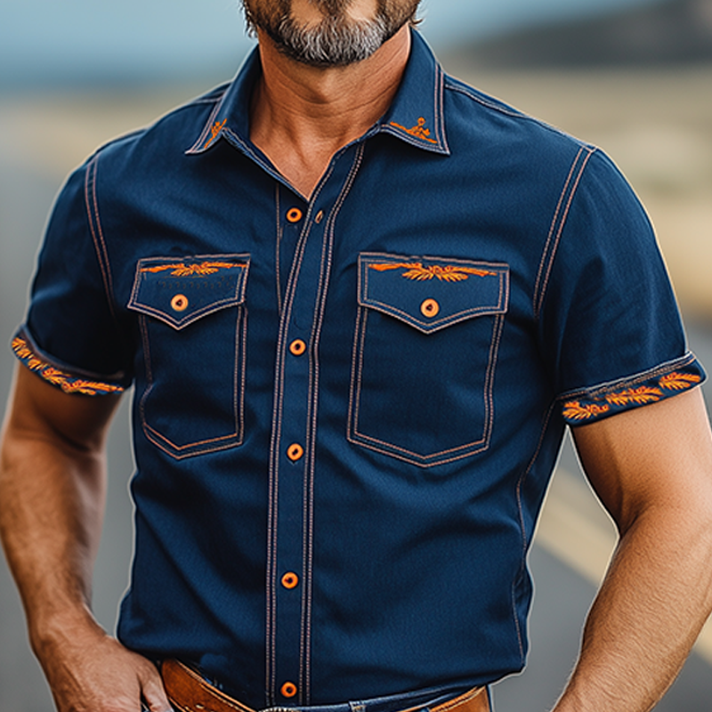 Men's Spring And Summer Fashion Casual Western Cowboy Style Washed Tencel Denim Cuff Embroidery Slim Fit Short Sleeve Shirt MTA1284E5K