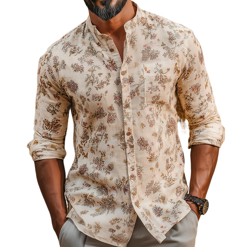 Men's Retro Casual Floral Print Linen Stand Collar Long Sleeve Shirt MTA2506G0TO