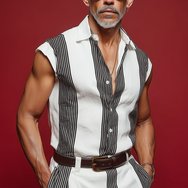 Men's Summer Fashion Striped Printed Cotton Blended Sleeveless Shirt MTA1041G8P