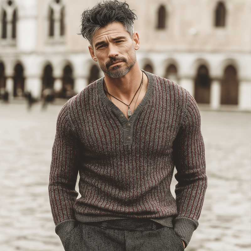 Men's Urban Business V-Neck Striped Knit Sweater MTA1933K7U