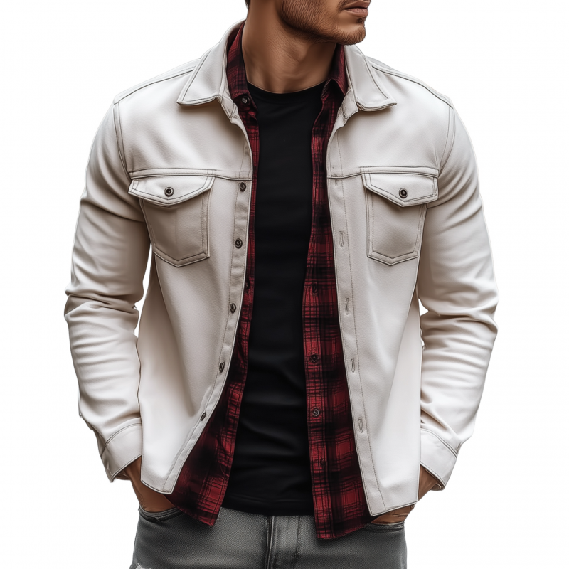 Men's Casual Solid Color Faux Suede Lapel Flap Chest Pocket Loose Long Sleeve Shirt Jacket MTA0891H5M