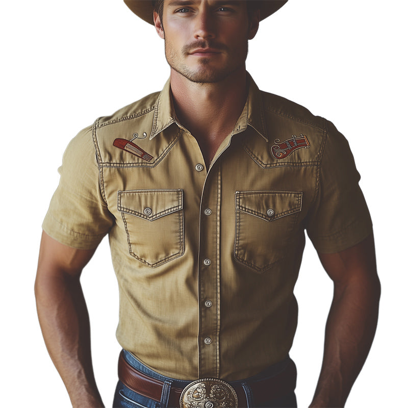 Men's Western Cowboy Style Accordion Embroidery Denim Short Sleeve Shirt MTA0815E1U