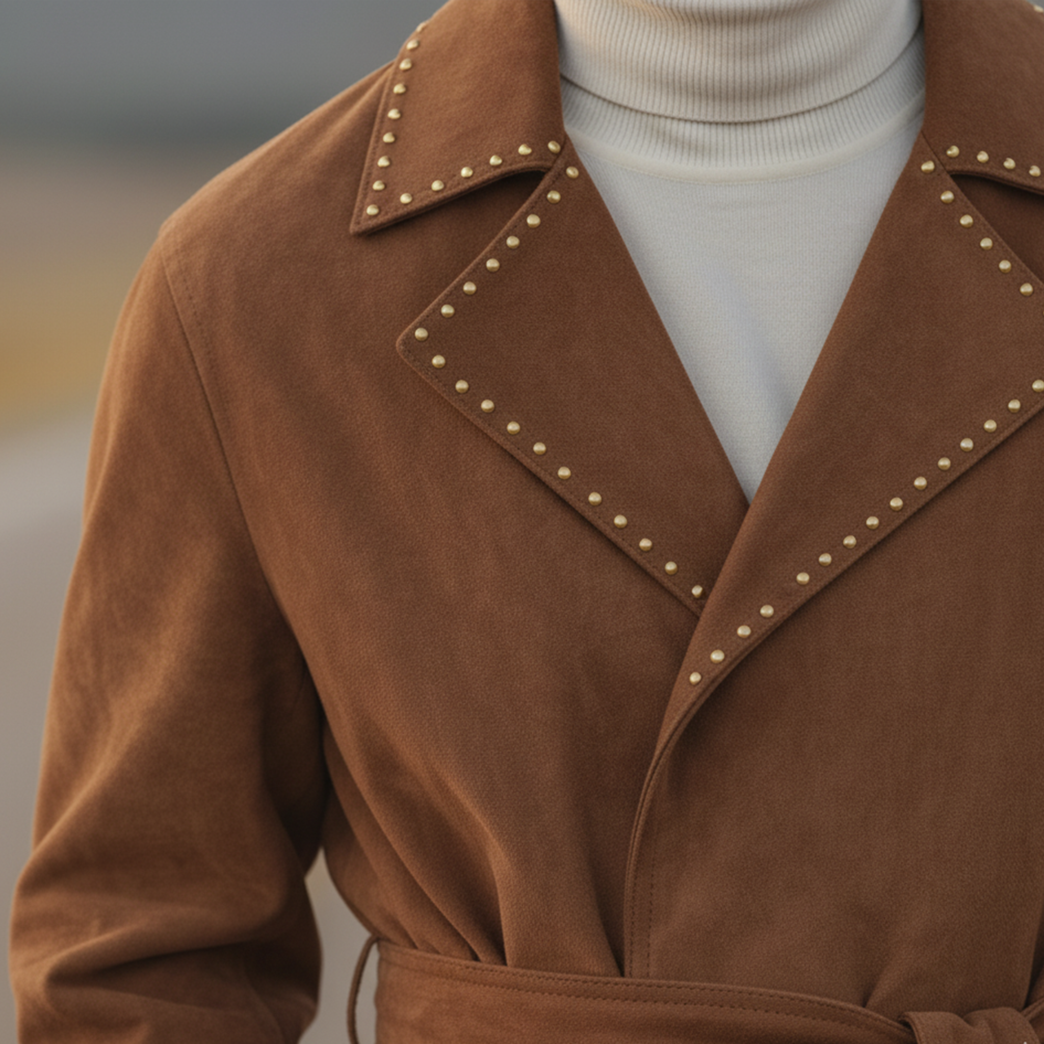 Men's Classic Retro Western Style Lapel Studded Belted Faux Suede Jacket MTA1178K5K