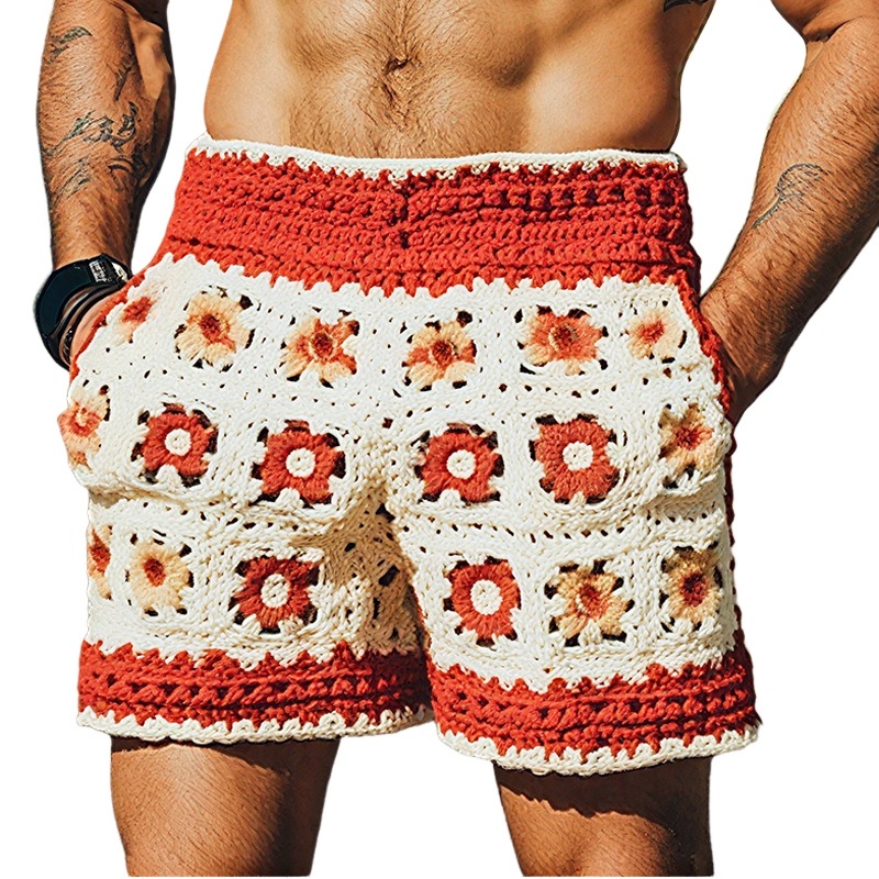 Men's Summer Fashion Casual Hollow Crochet Flower Knitted Elastic Waist Shorts MTA2783F1K