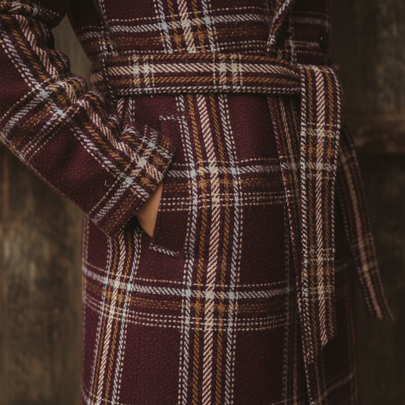 Men's Winter Fashion Plaid Faux Wool Double-Breasted Lapel Mid-Length Coat (Including Belt) MTA2550I3P