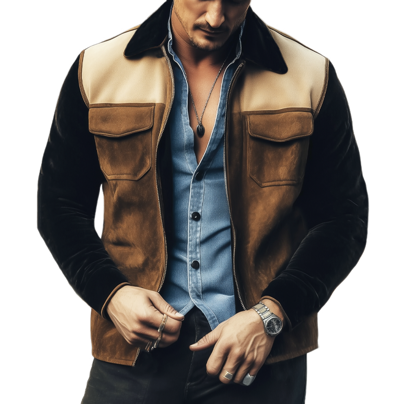 Men's Vintage Colorblock Lapel Zipper Suede Jacket MTA2712H0U