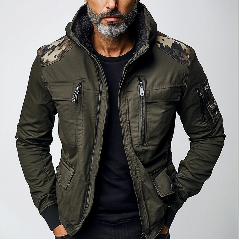 Men's Camouflage Contrast Multi-pocket Hooded Jacket MTA3189G8X