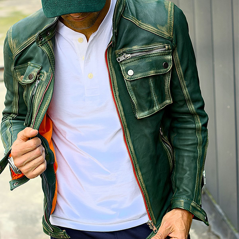 Men's Vintage Distressed PU Leather Stand Collar Zipper Jacket MTA0800I8U
