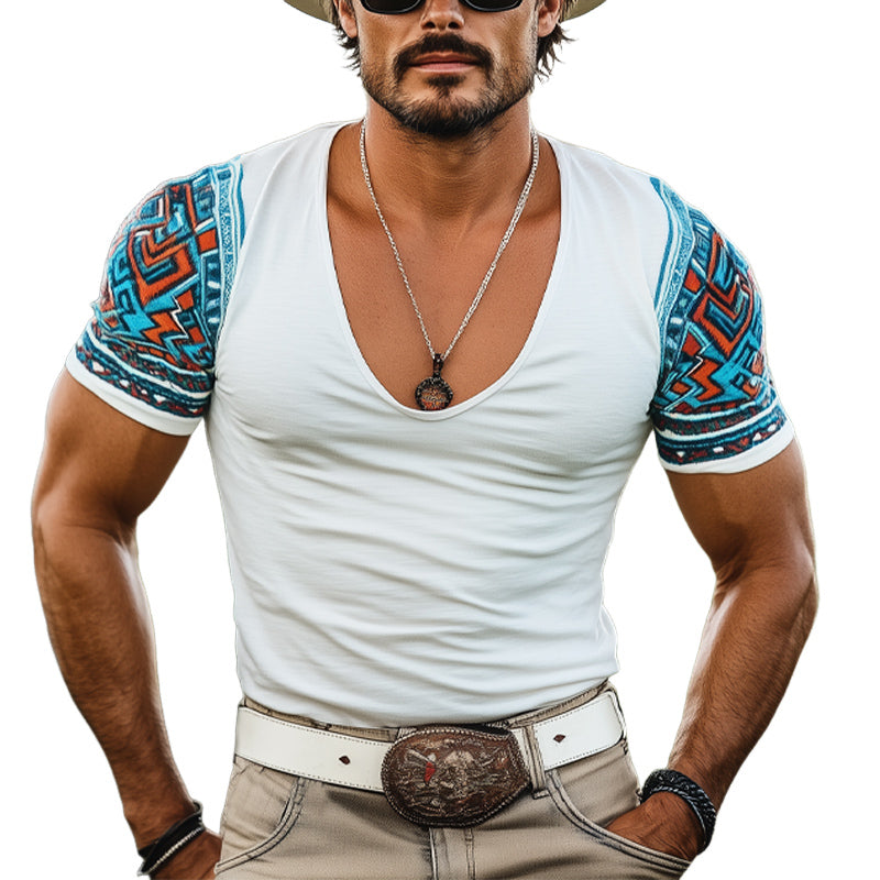 Men'S Deep V Neck Printed Short Sleeve T-Shirt MTA1250E0U