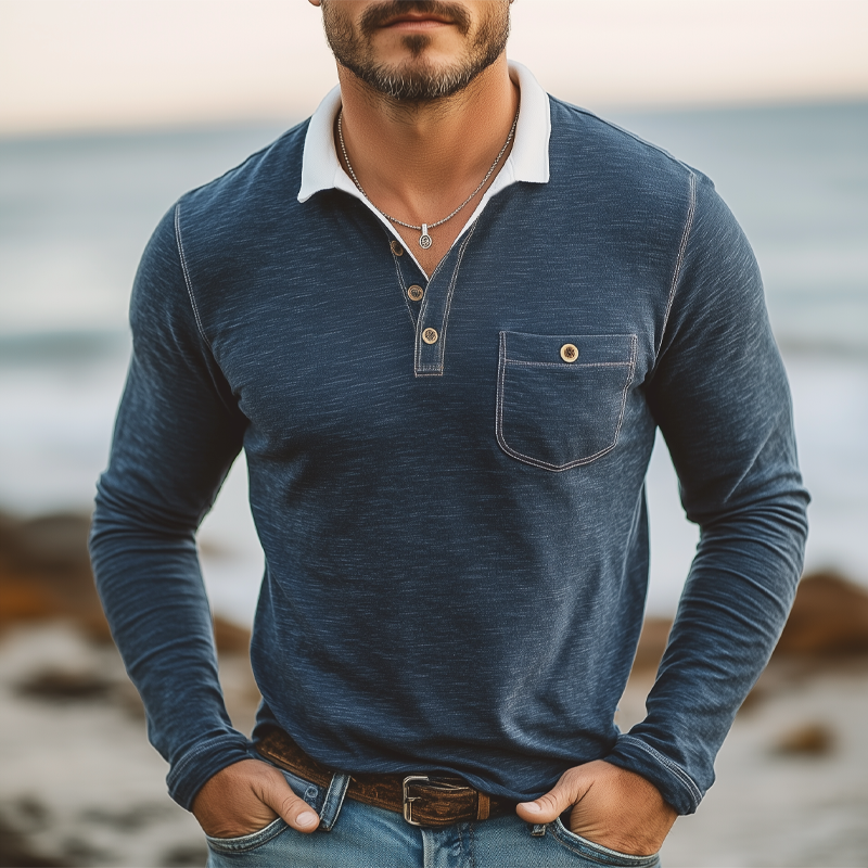 Men's Business Cotton Colorblock Collar Long Sleeve POLO Shirt MTA2504G3U