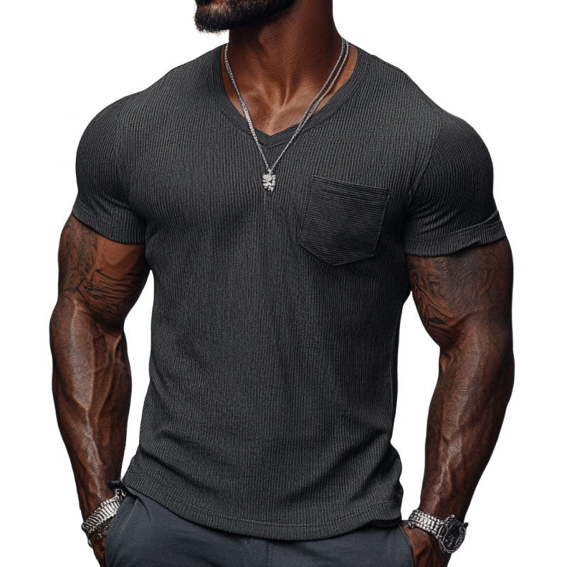 Men's Casual Ribbed Cotton Blend V-neck Slim Fit Short-sleeved T-shirt 51265184M