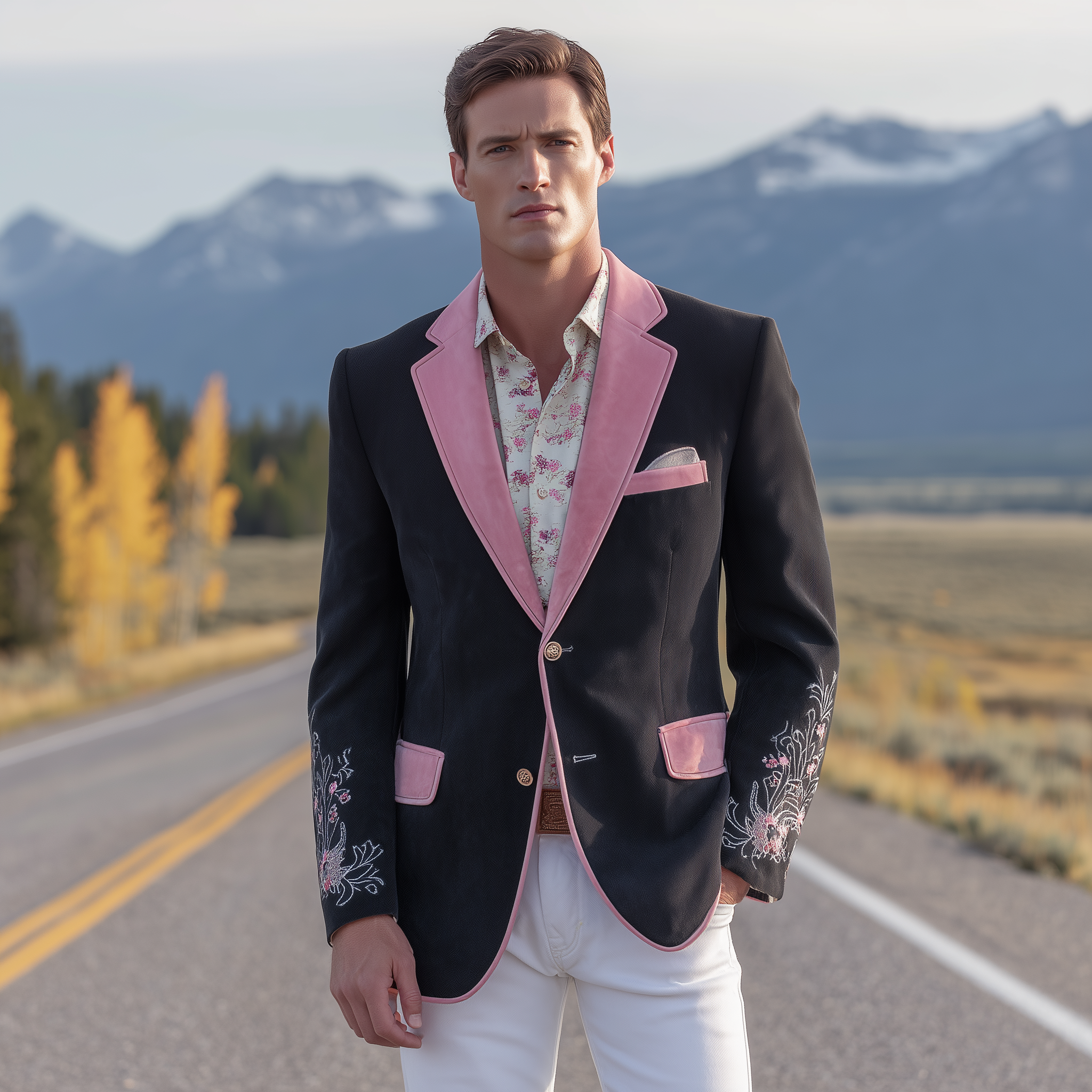 Men's Classic Retro Western Style Pink Suede And Cotton Blend Embroidered Single-breasted Blazer MTA2652H0K