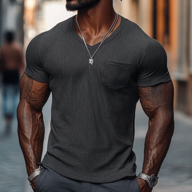 Men's Casual Ribbed Cotton Blend V-neck Slim Fit Short-sleeved T-shirt 51265184M