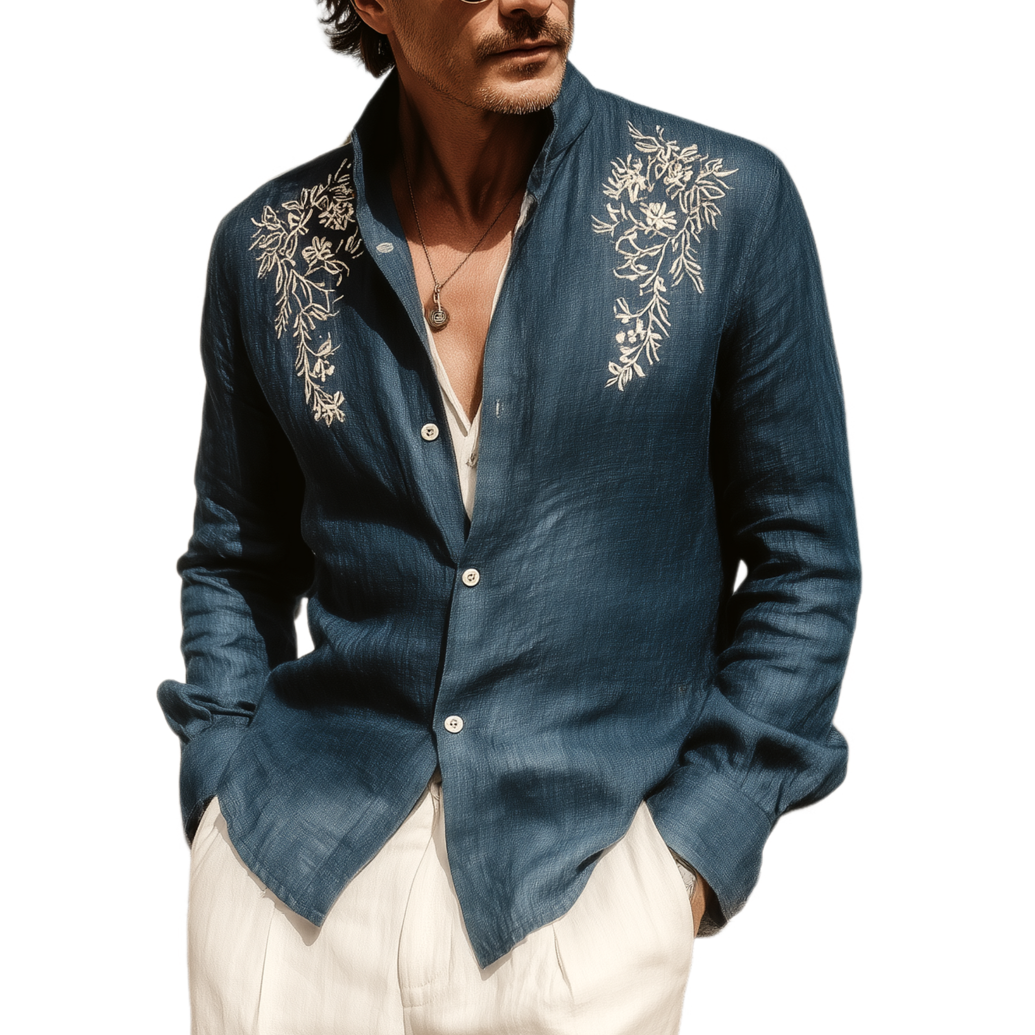 Men's Classic Casual Tencel Cotton And Linen Embroidered Stand Collar Long Sleeve Shirt MTA1869G1K