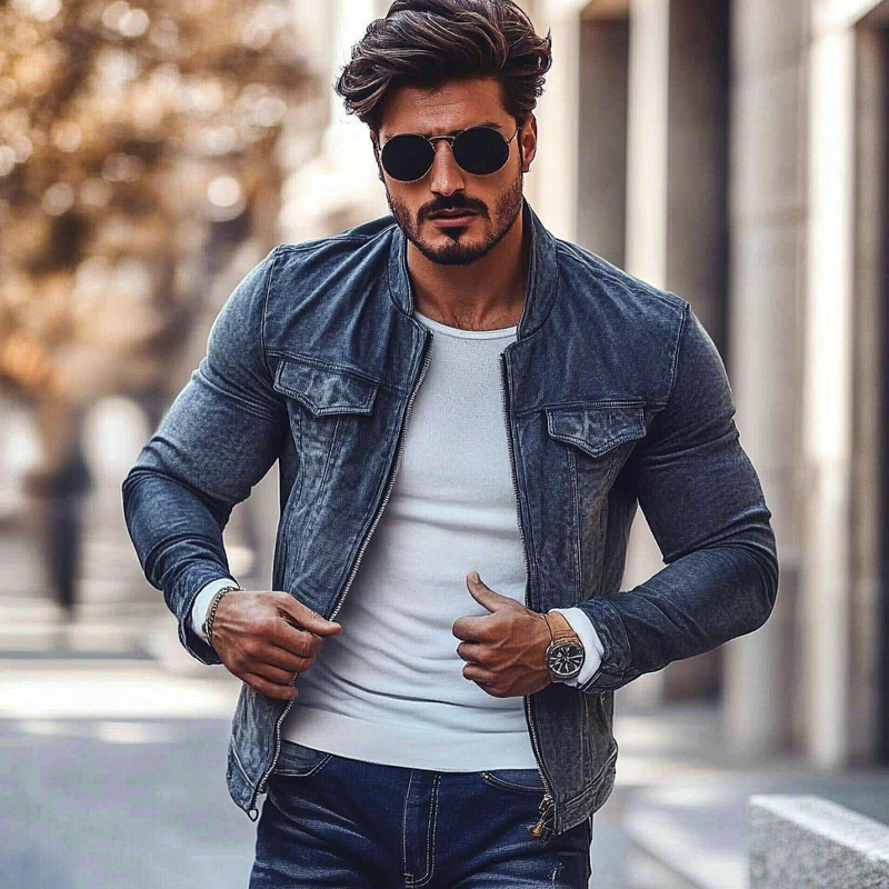 Men's Stylish Motorcycle Washed Stand Collar Zipper Denim Jacket MTA2536G4X