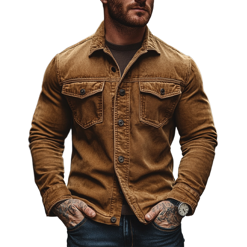Men's Retro Washed Collar Denim Long-Sleeve Shirt MTA2034K0X