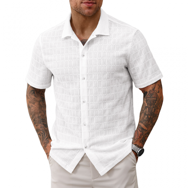 Men's Casual Lace Pleated Texture Lapel Slim Short Sleeve Shirt MTA2669E2M