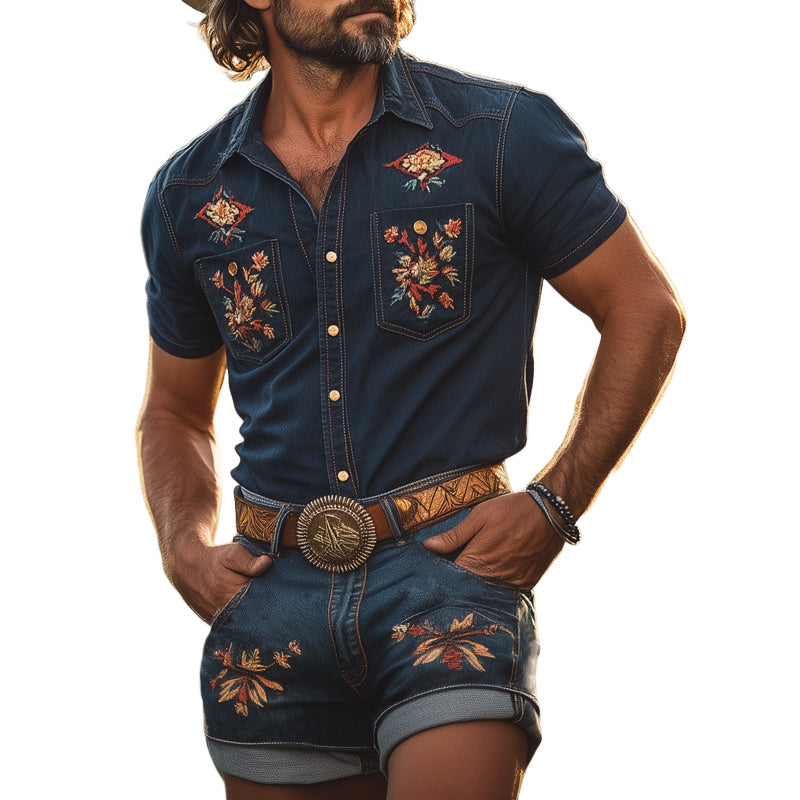 Men's Summer Retro Embroidered Denim Short Sleeve Shirt Shorts Set MTA2985D5U