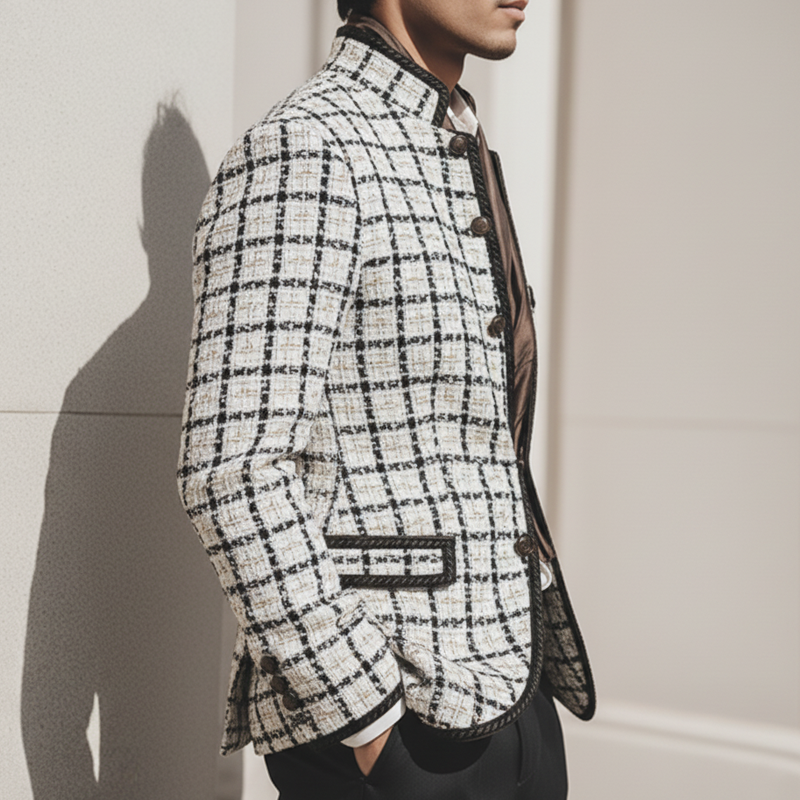 Men's Chanel-style Textured Stand-collar Button-up Slim-fit Jacket MTA2582K1U