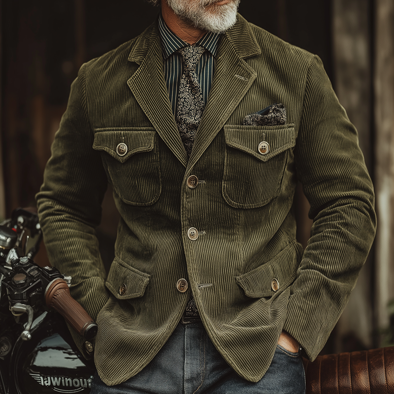 Men's Retro Casual Corduroy Lapel Multi-Pocket Jacket MTA2875J0TO