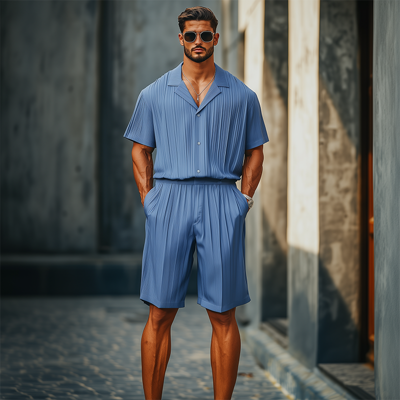 Men's Spring And Summer Fashion Casual Cool Pleated Fabric Short-sleeved Shirt Length To Knee Shorts Set MTA2513F3K