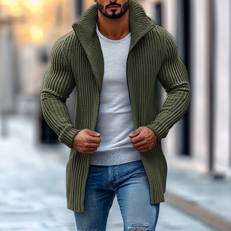 Men's Fashion Stand Collar Solid Striped Long Sleeve Mid-length Knit Cardigan 70689538Z