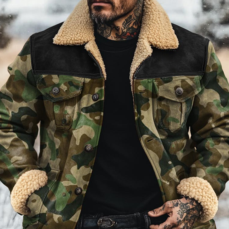 Men's Fleece Lapel Camouflage Suede Single Breasted Jacket 41809323Z