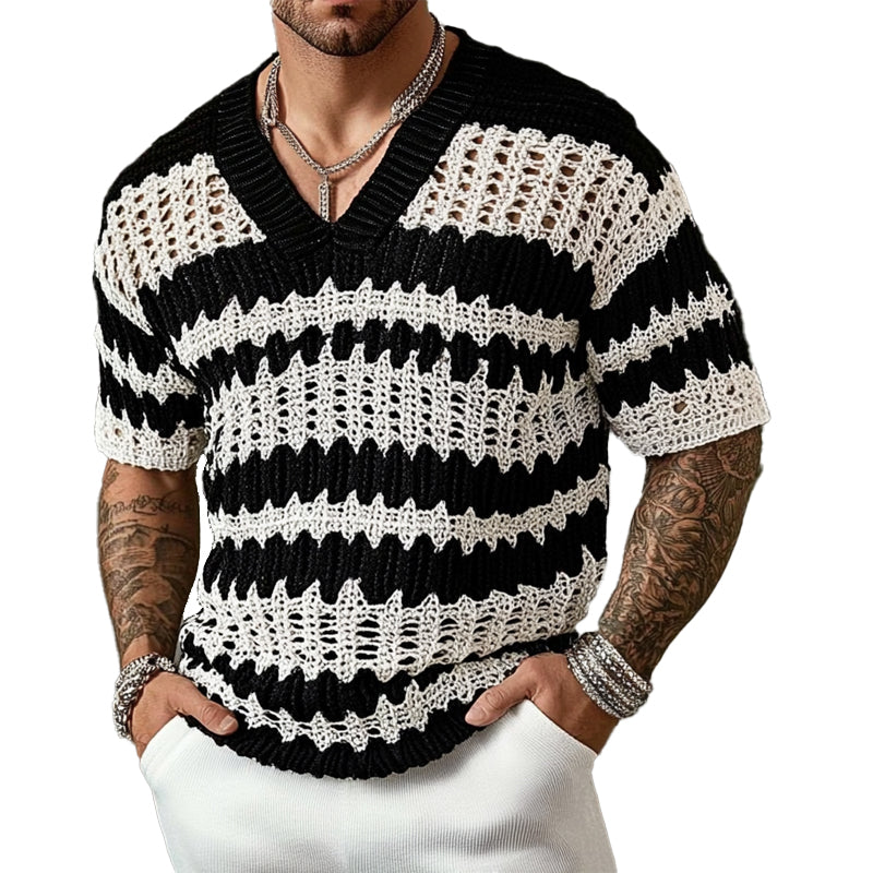 Men's Knitted Contrast Color V-neck Short-sleeved Sweater T-Shirt 14944957X