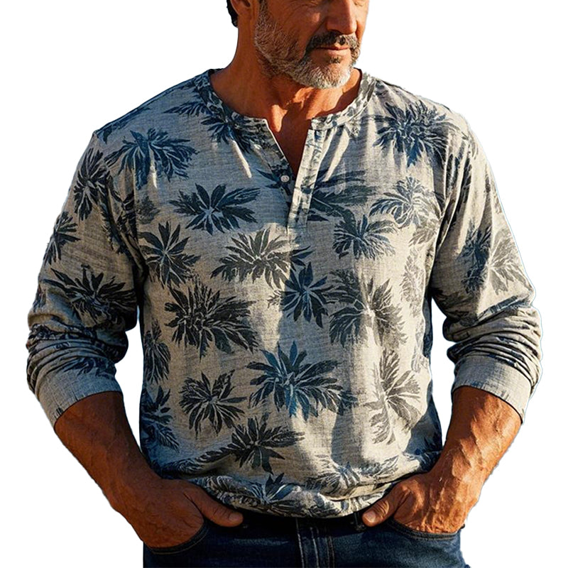 Men's Hawaiian Leaf Print Henley Neck Long Sleeve T-Shirt 05277343X