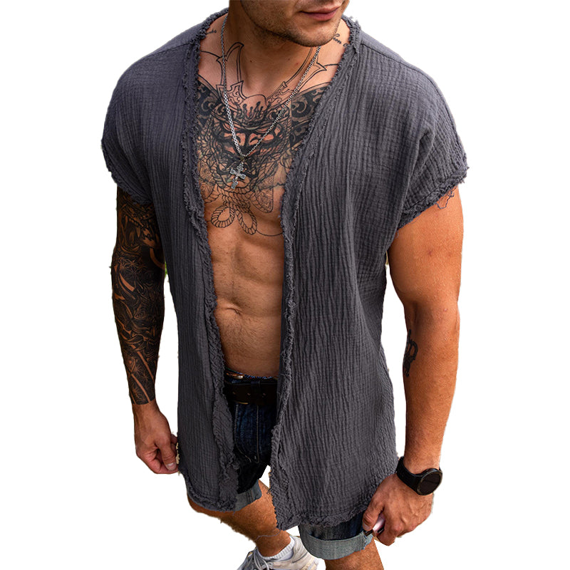 Men's Cotton and Linen Solid Color Short-sleeved Cardigan 04368940X