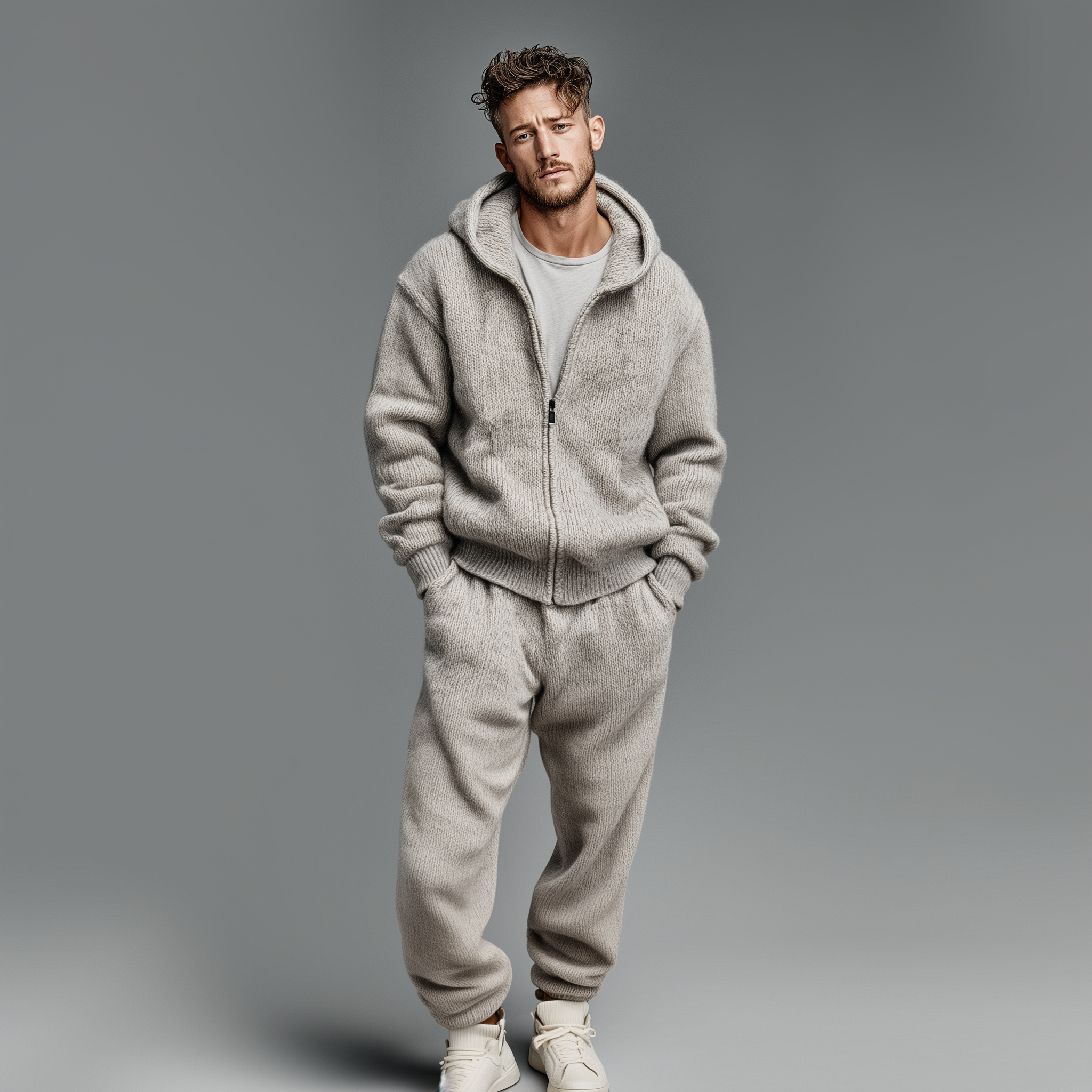 Men's Classic Casual Hooded Zipper Knit Cardigan Elastic Waist Knit Pants Set MTA1491J0K