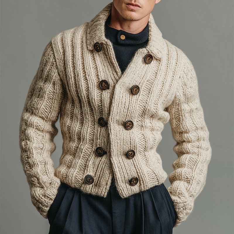 Men's Retro Casual Knitted Cropped Sweater Lapel Double-breasted Cardigan MTA1403J1TO