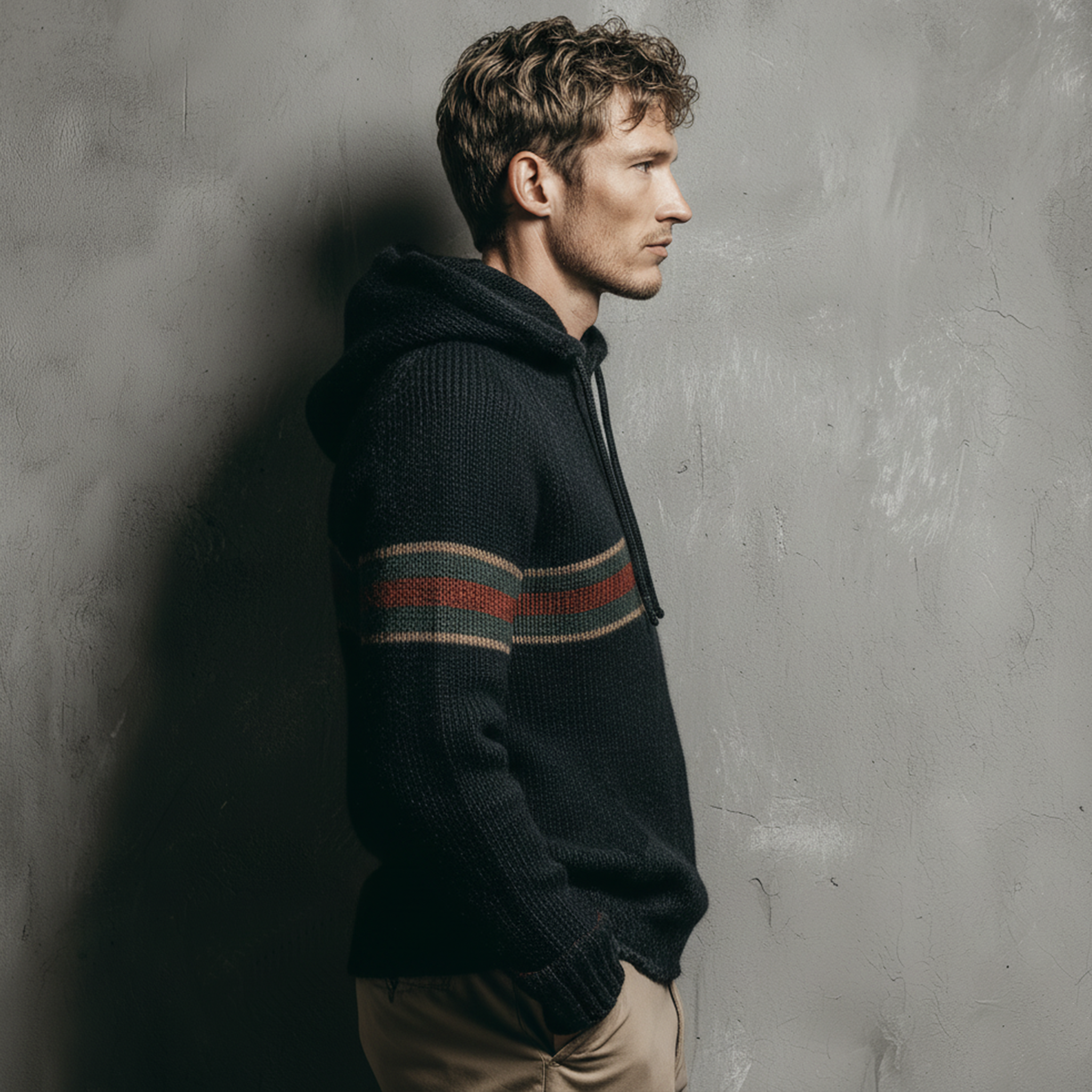 Men's Classic Casual Contrast Color Horizontal Stripe Patchwork Hooded Sweater MTA2918I5K