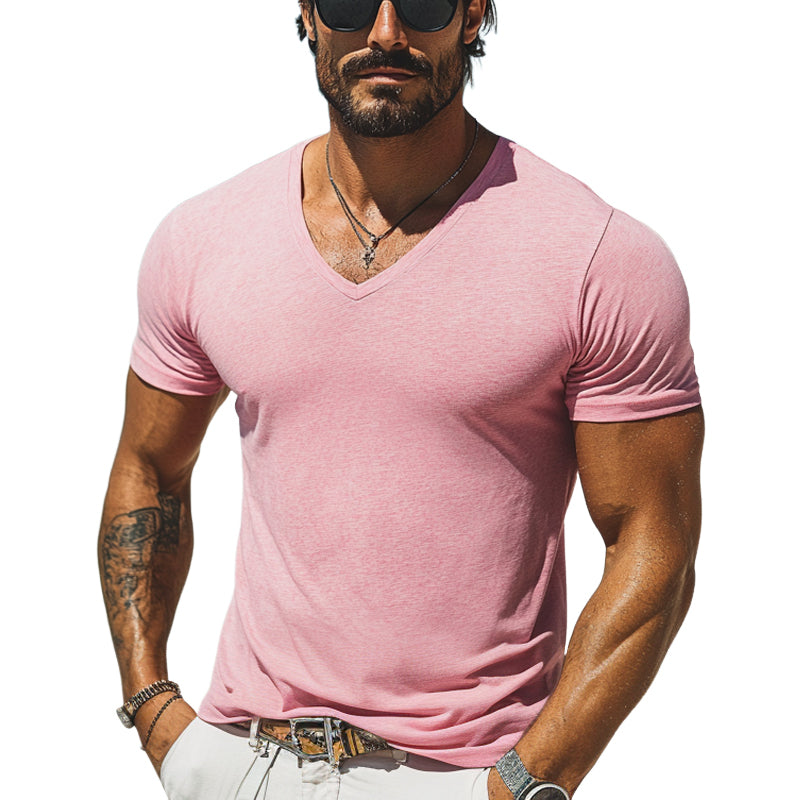 Men's Solid Color Casual Short Sleeve V Neck T-Shirt MTA0950E4X