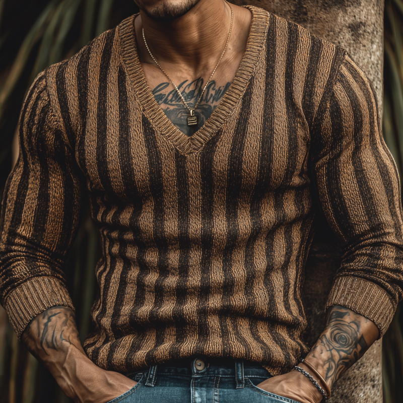 Men's Vintage Contrast Vertical Striped V-Neck Slim Fit Knit Pullover Sweater MTA1877H4M