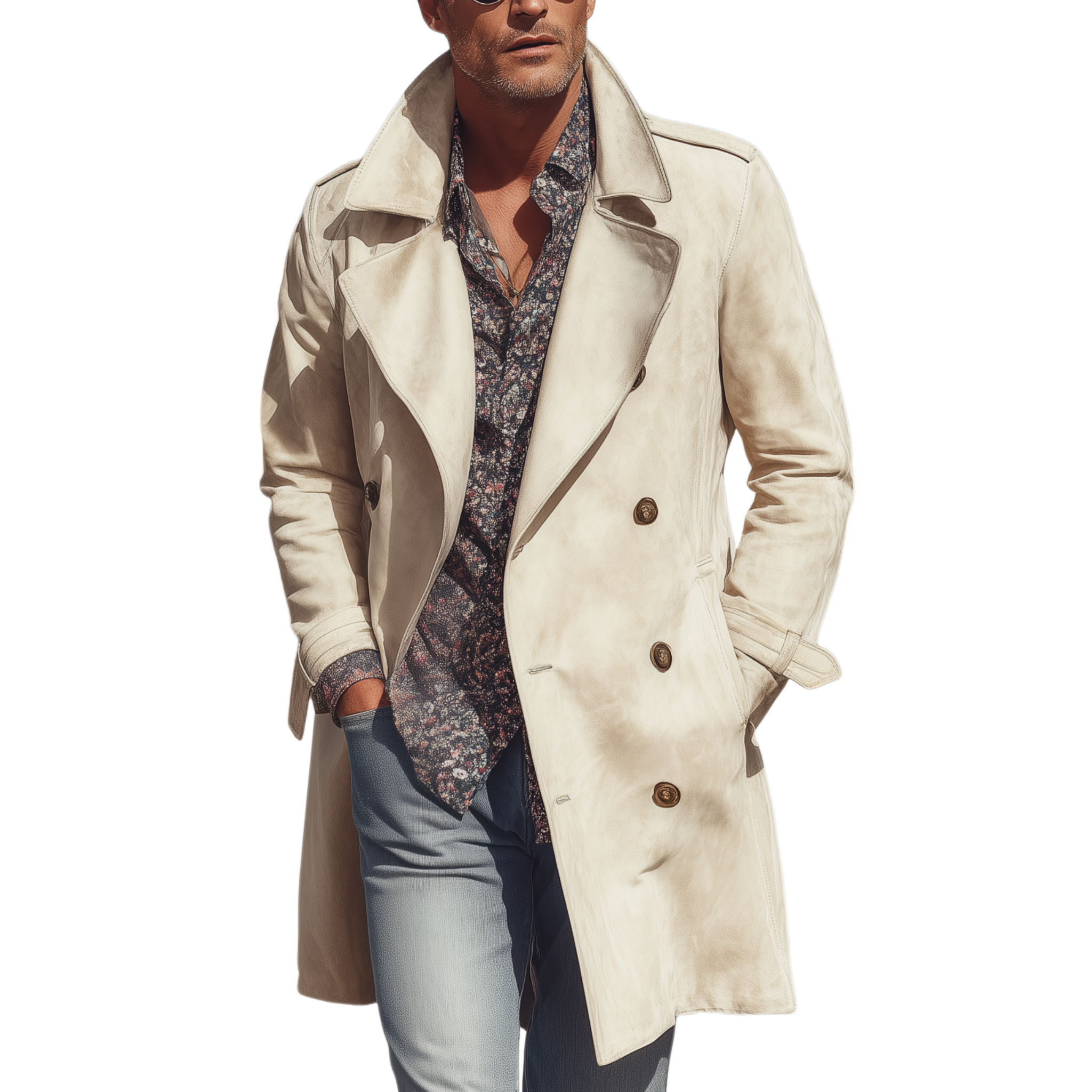 Men's Classic Retro Western Style Double Breasted Lapel Suede Thigh Length Trench Coat MTA1379H5K