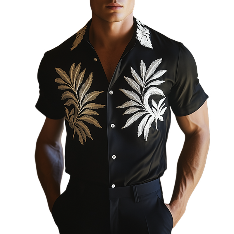 Men's Retro Casual Embroidered Lapel Short Sleeve Shirt MTA2315F0TO