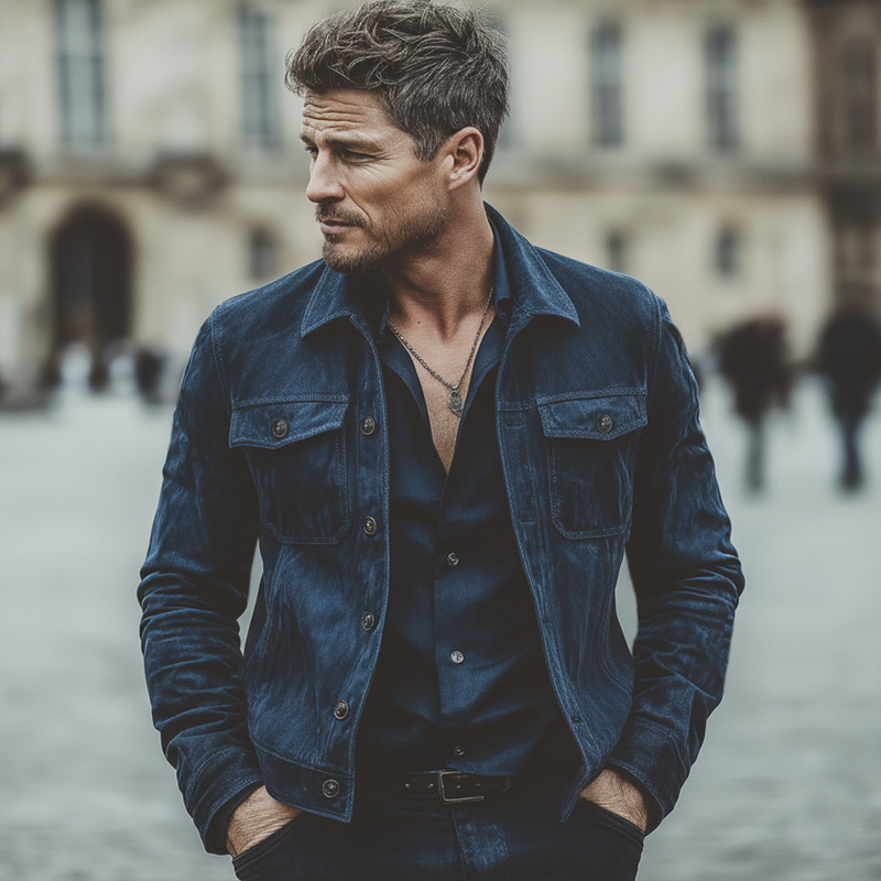 Men's Classic Navy Faux Suede High Hip Button-up Jacket MTZ0568A2U