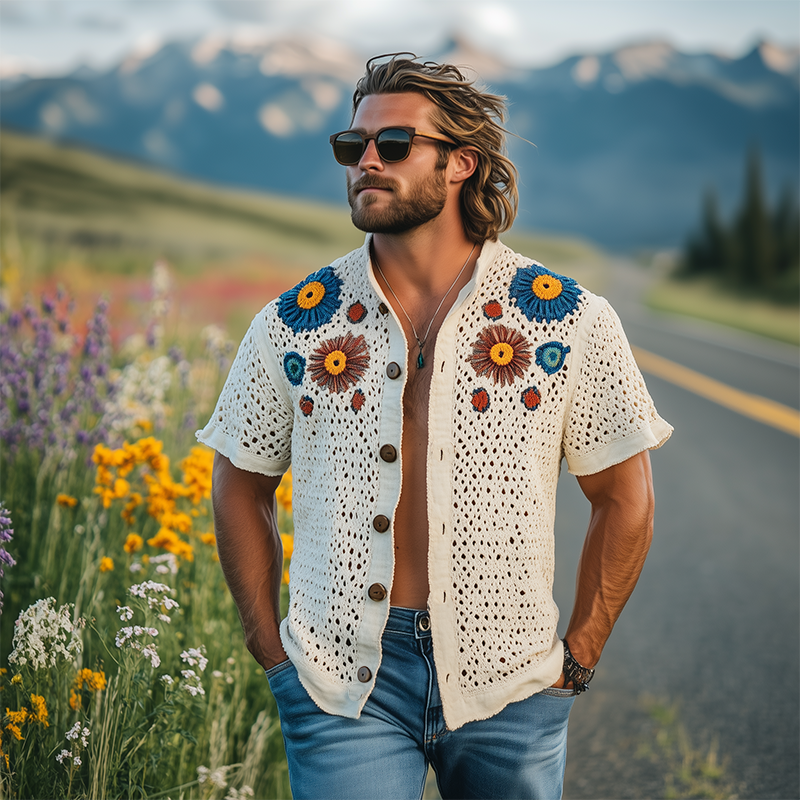 Men's Summer Fashion Casual Hollow Crochet Flower Stand Collar Knitted Short-sleeved Shirt MTA2798F1K