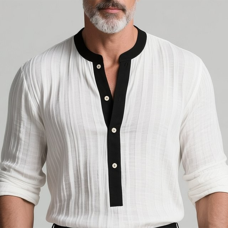 Men's Colorblock Henley Collar Textured Fabric Long Sleeve Shirt MTA0185G8Y
