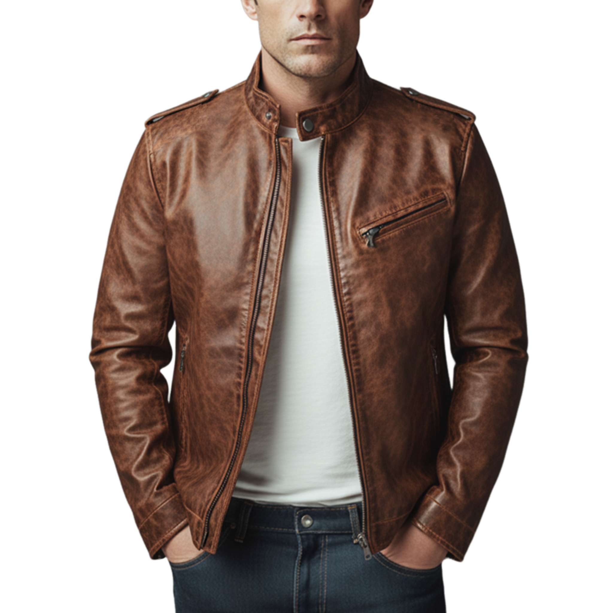 Men's Classic Vintage Distressed PU Leather Stand Collar Zipper Jacket MTA2289J0K